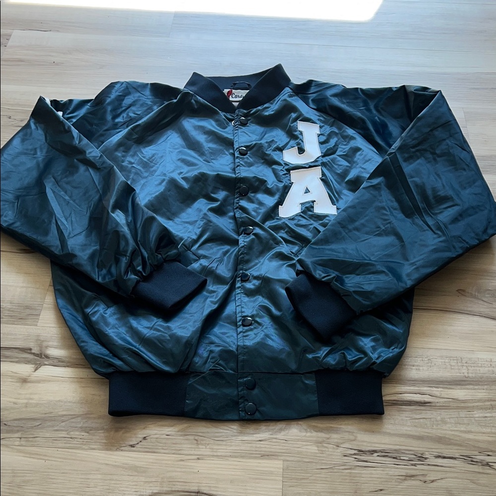 Stylish Dark Blue Varsity Jacket with White Accents